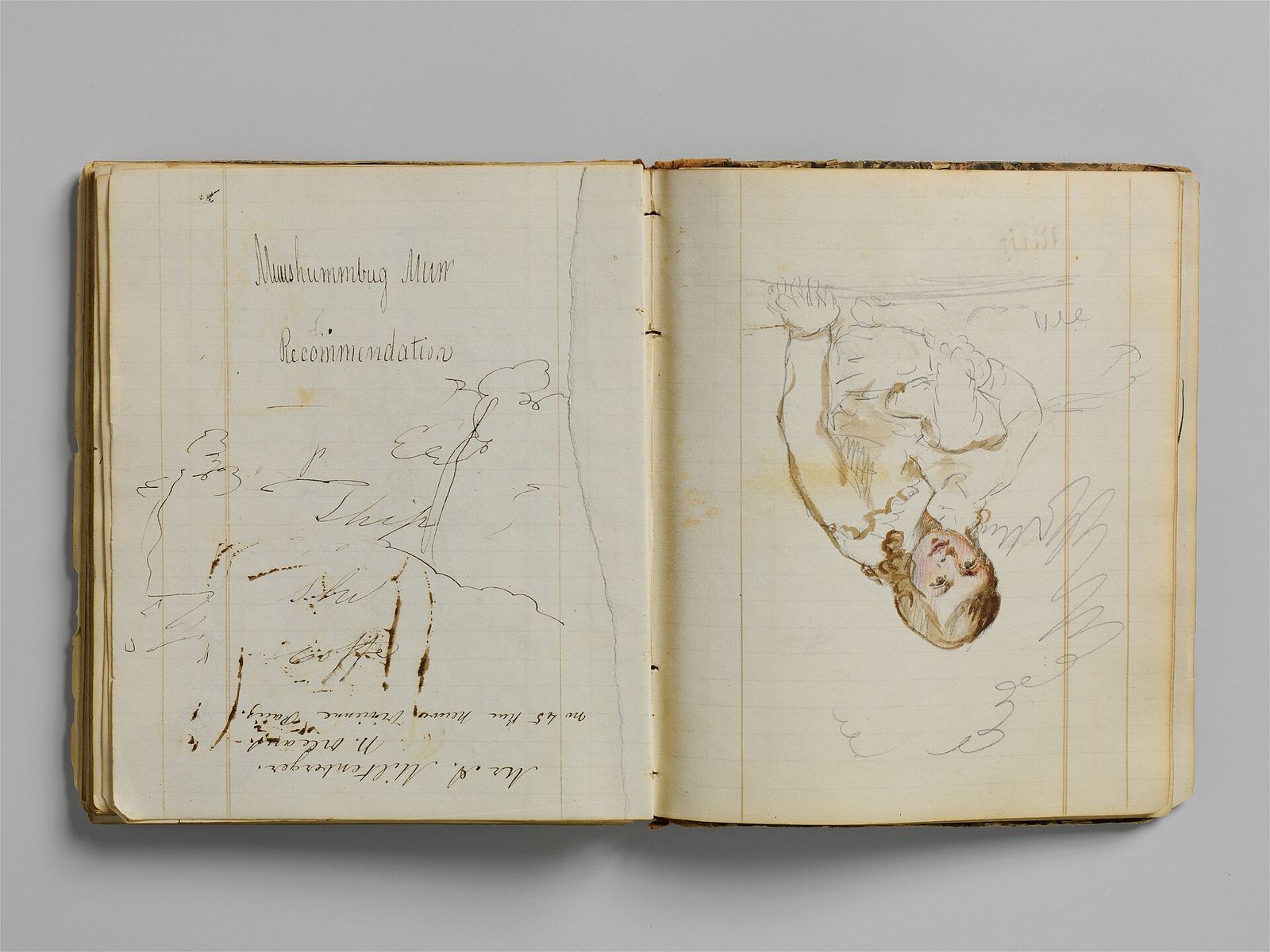 An open nineteenth-century account book, two pages of hand-ruled columns of figures.