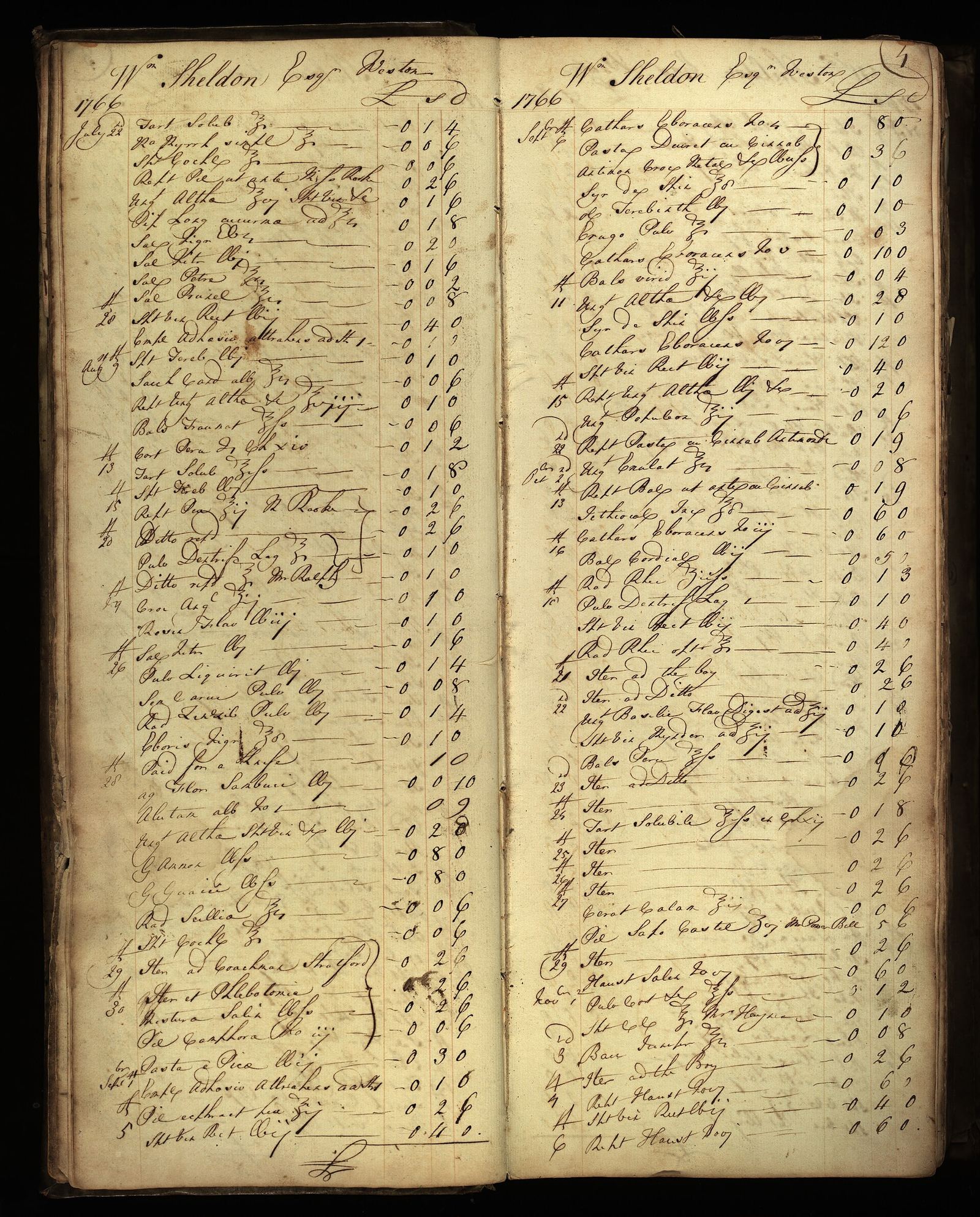 A page from an eighteenth-century account book, entries in brown ink.